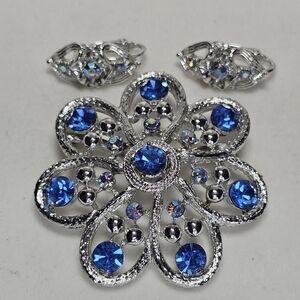 Coro Signed Silver and Blue Floral Brooch and Matching Earrings